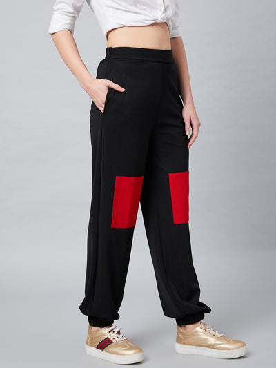 Athena Women Black & Red Loose Fit Solid Joggers - Athena Lifestyle