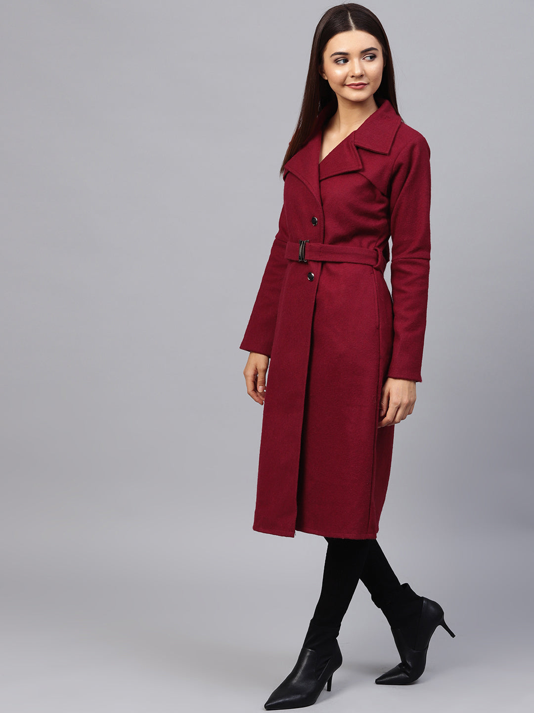 Athena Women Maroon Solid Longline Woolen Long Sleeve Coat Overcoat - Athena Lifestyle