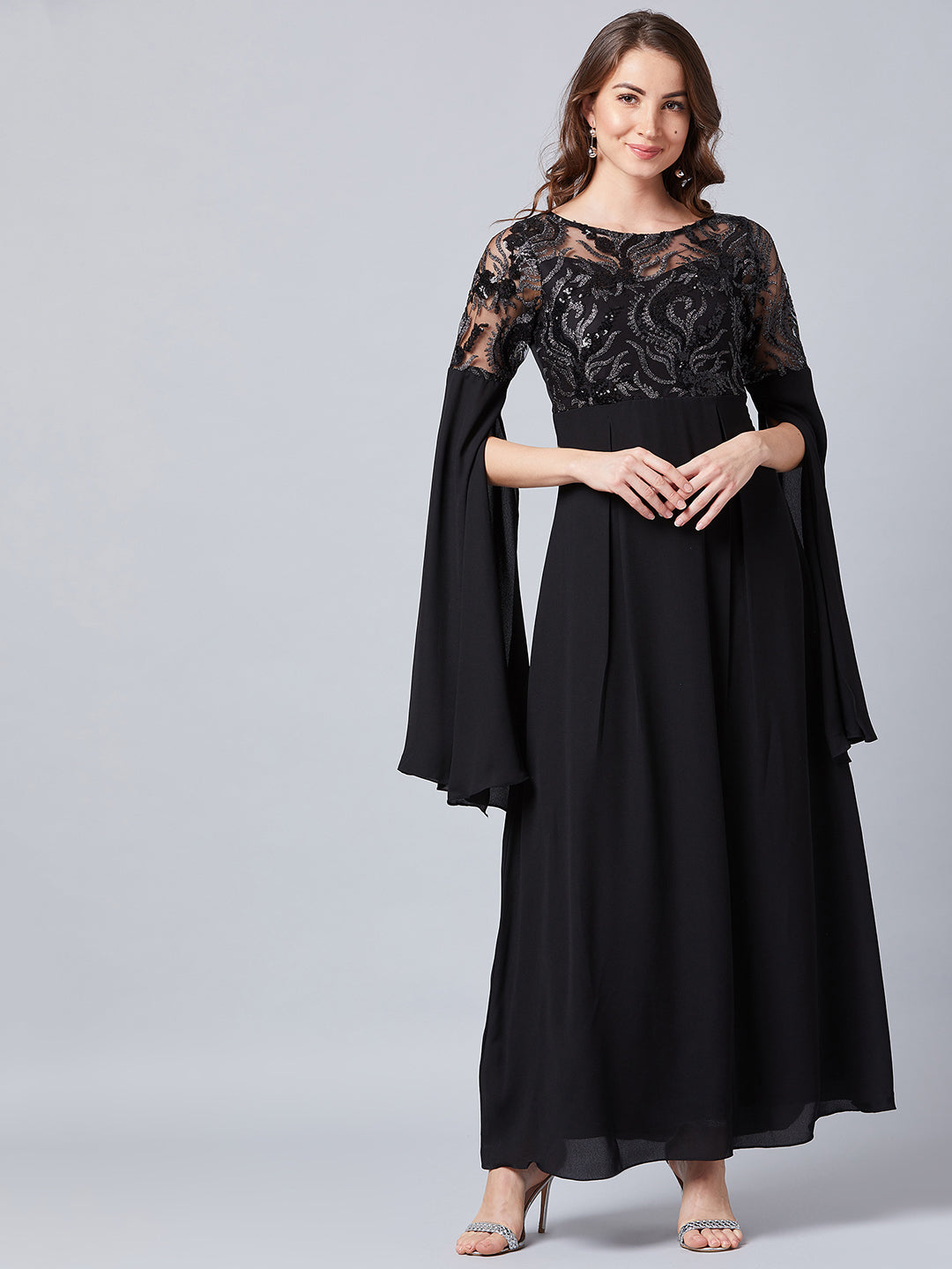 Athena Black Embellished Slit Sleeves Maxi Dress - Athena Lifestyle