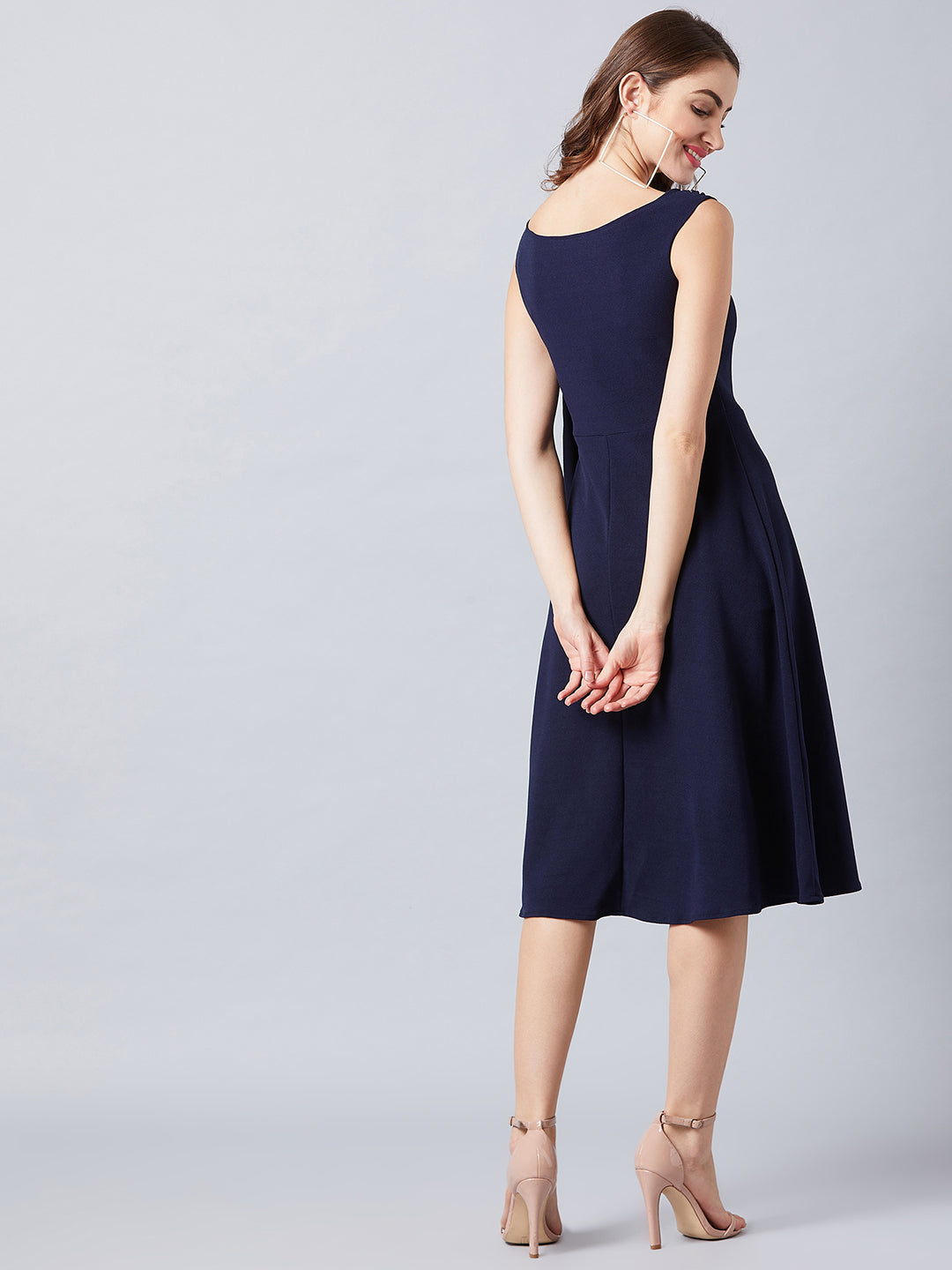 Athena Women Navy Blue Solid Fit and Flare Dress - Athena Lifestyle