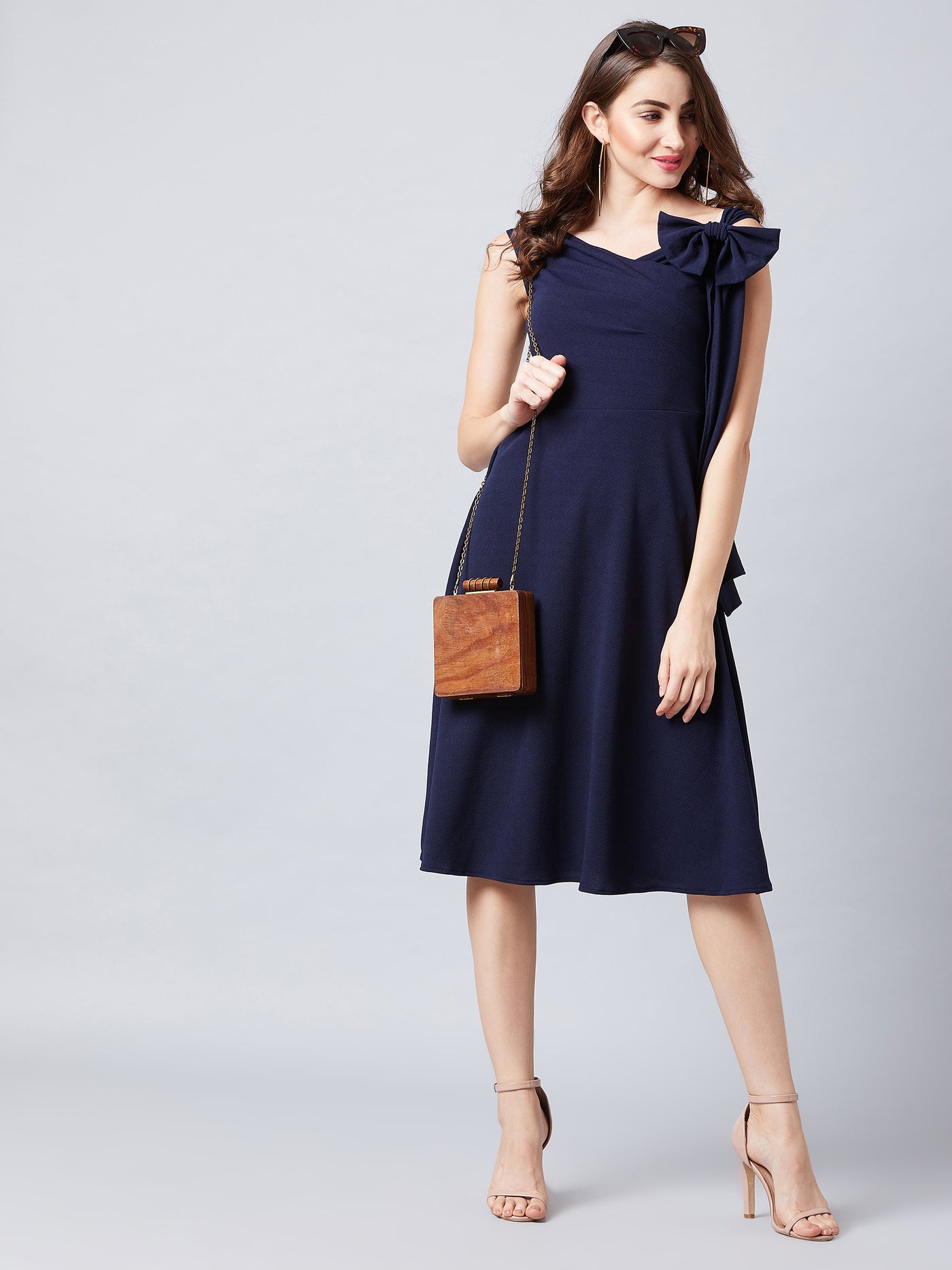 Athena Women Navy Blue Solid Fit and Flare Dress - Athena Lifestyle