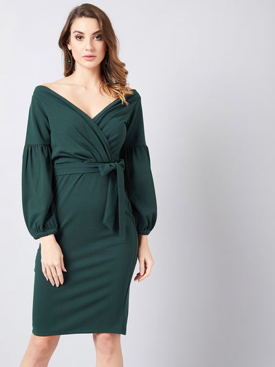 Athena Green Wrap Dress With Puff Sleeves - Athena Lifestyle