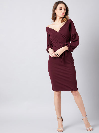 Athena Burgundy Wrap Dress With Puff Sleeves - Athena Lifestyle