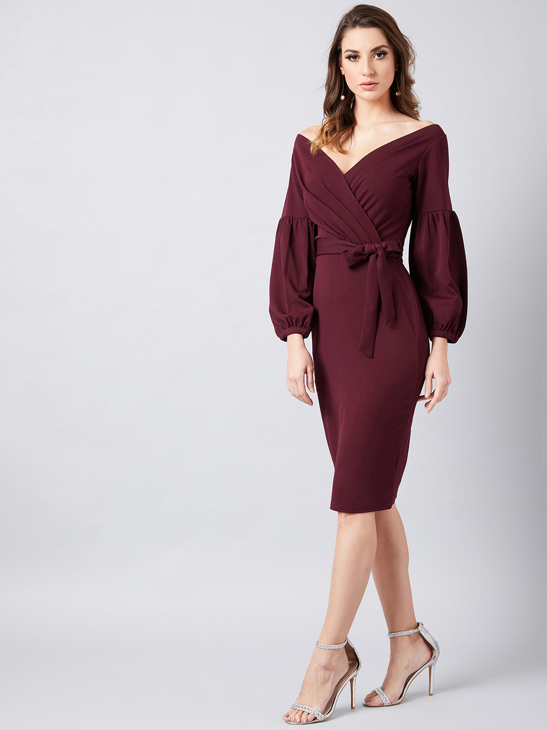 Athena Burgundy Wrap Dress With Puff Sleeves - Athena Lifestyle