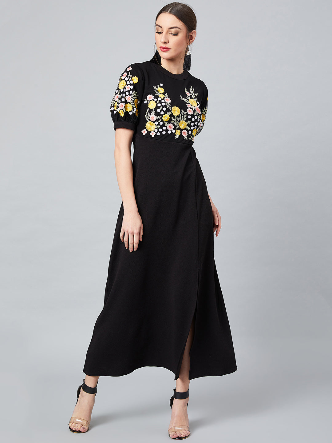Athena Black 100% Polyester Embroidered Fit and Flare Dress - Athena Lifestyle