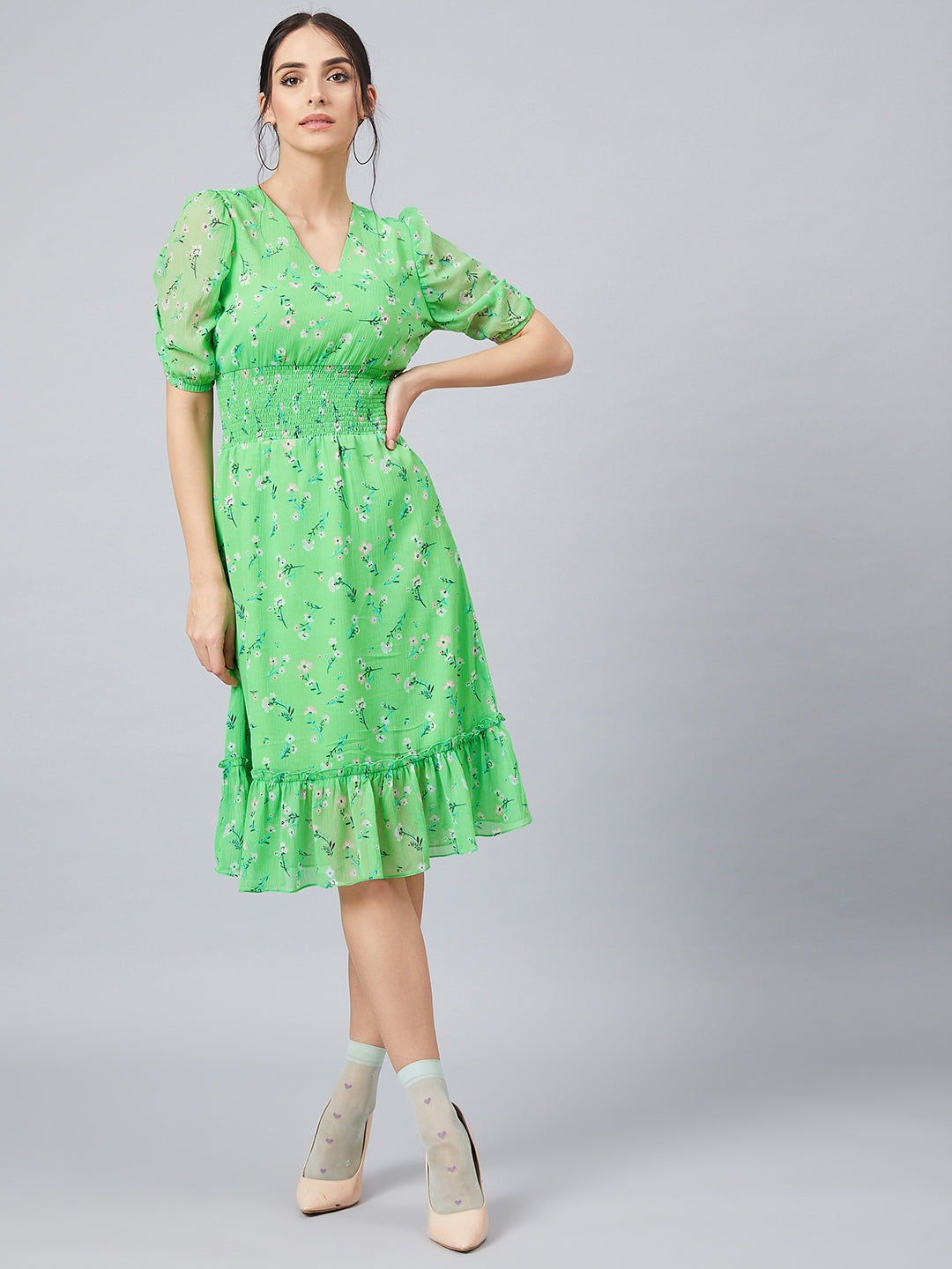 Athena Women Green Printed Fit and Flare Dress - Athena Lifestyle