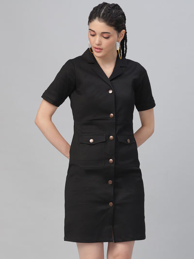Athena Women Black Solid Denim Shirt Dress - Athena Lifestyle