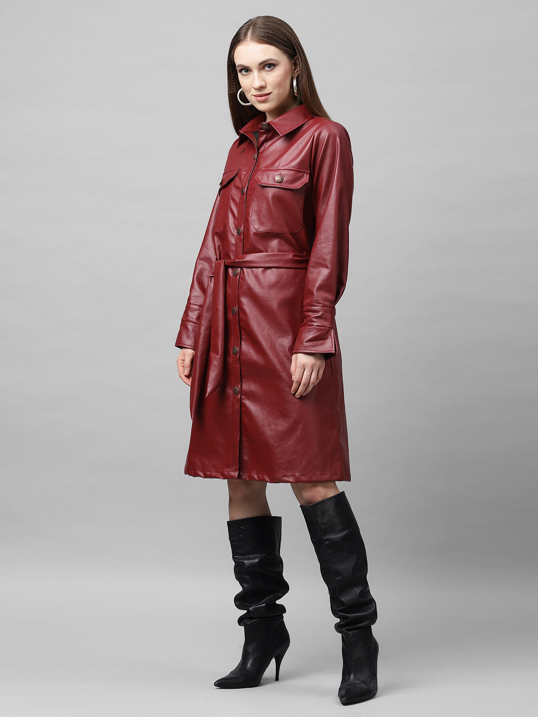 Athena Women Maroon Solid Leather Shirt Dress - Athena Lifestyle