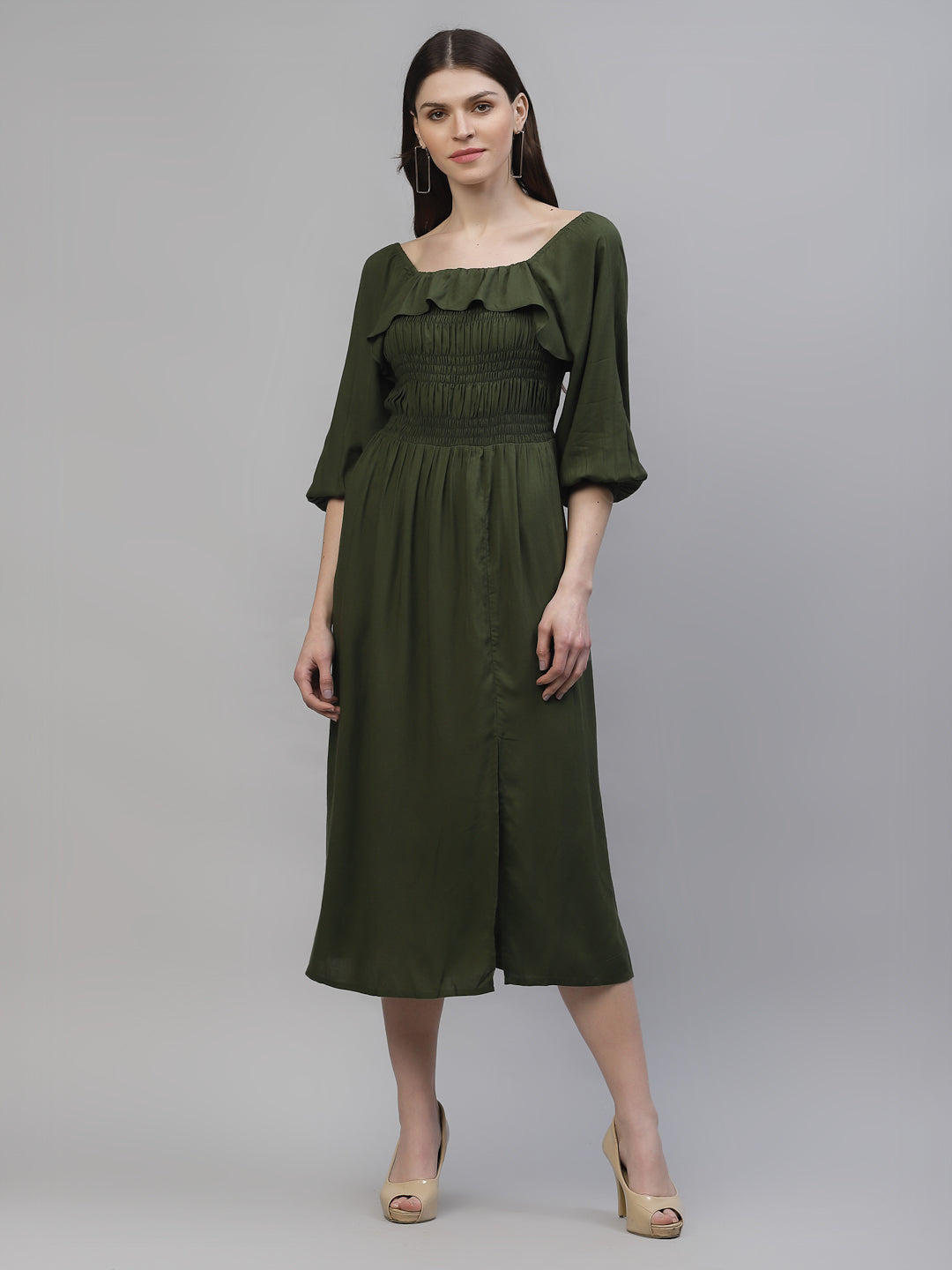 Athena Women Olive Green Solid Empire Dress - Athena Lifestyle