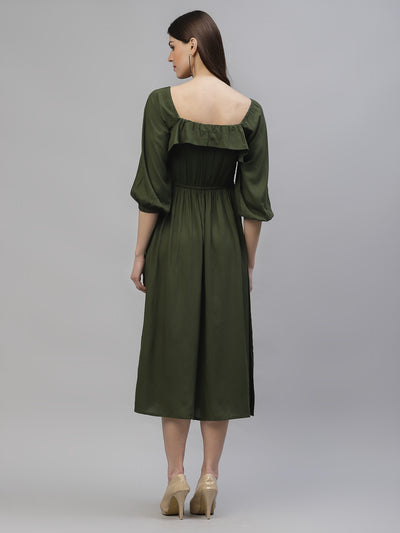 Athena Women Olive Green Solid Empire Dress - Athena Lifestyle