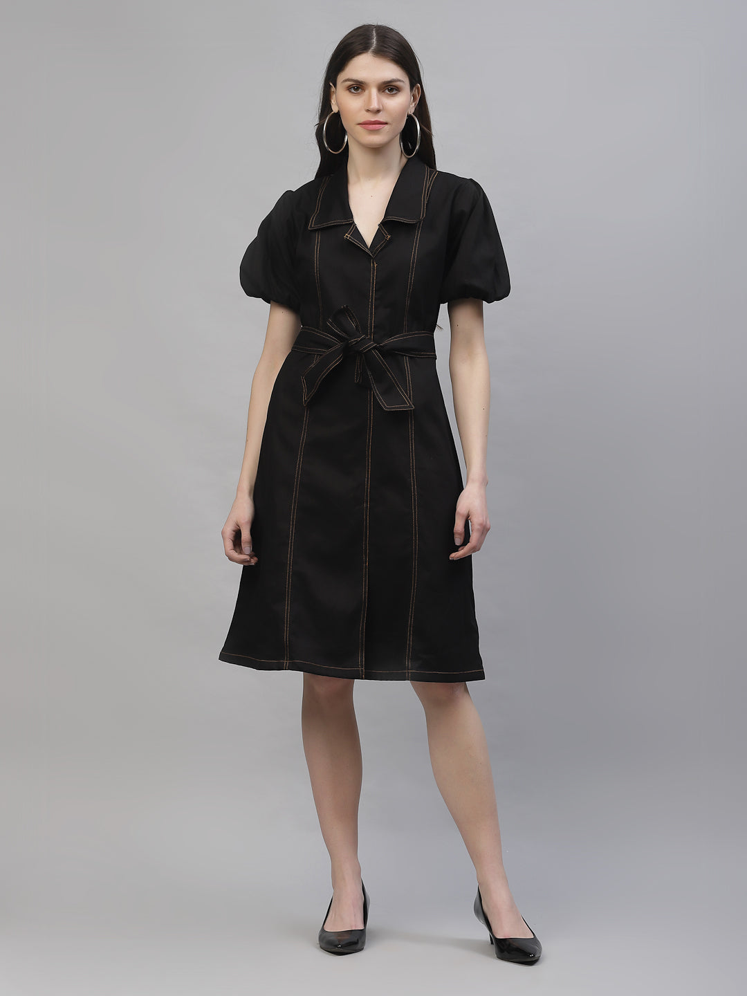 Athena Women Black Solid A-Line Denim Dress - Athena Lifestyle