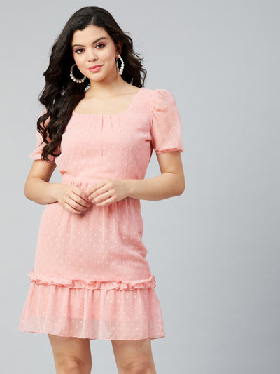 Athena Women Pink Dobby Weave Ruffled A-Line Dress - Athena Lifestyle