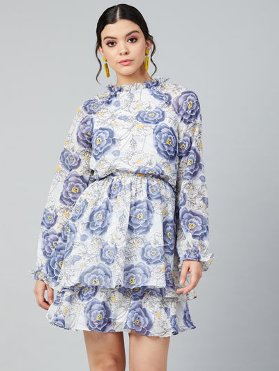 Athena Women Blue Floral Printed Layered Puff Sleeves Blouson Dress - Athena Lifestyle