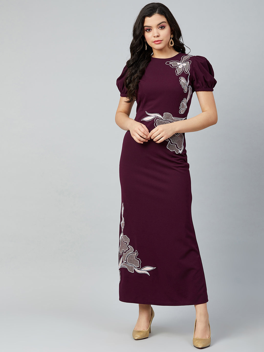 Athena Women Burgundy Embroidered Maxi Dress with Puff Sleeves - Athena Lifestyle