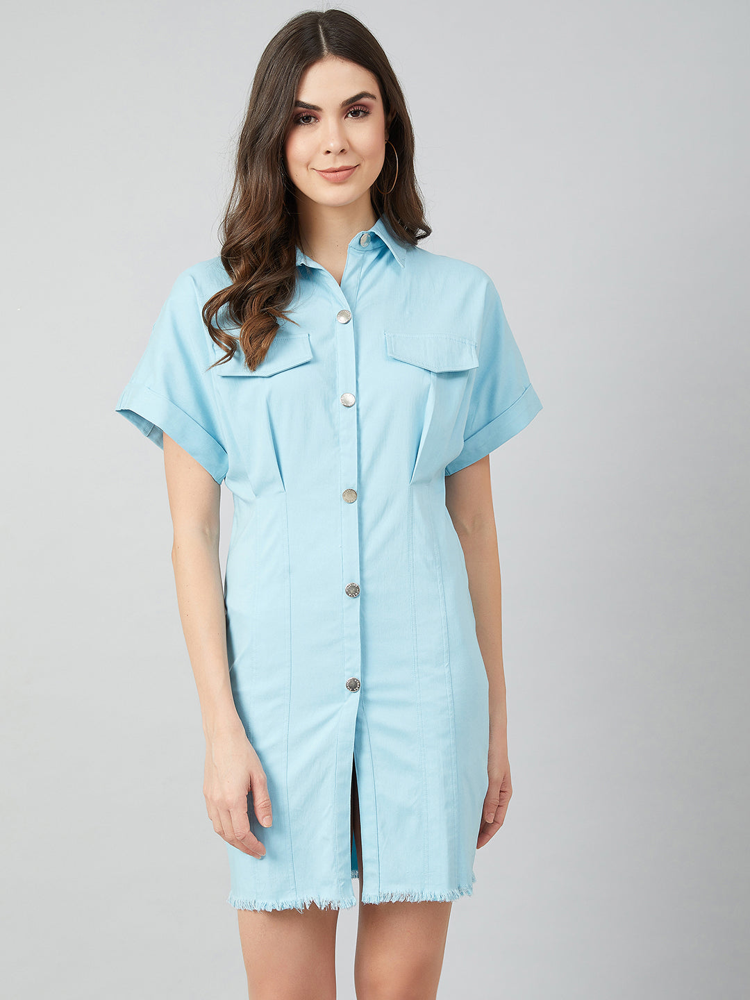 Athena Women Blue Solid Shirt Dress With Frayed Hem - Athena Lifestyle