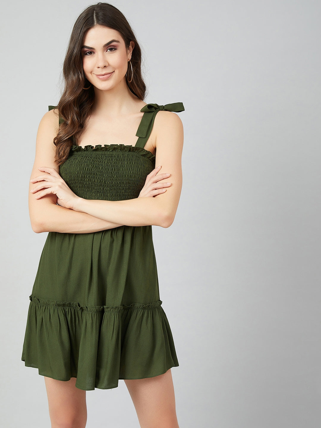 Athena Women Olive Green Solid Fit and Flare Dress - Athena Lifestyle
