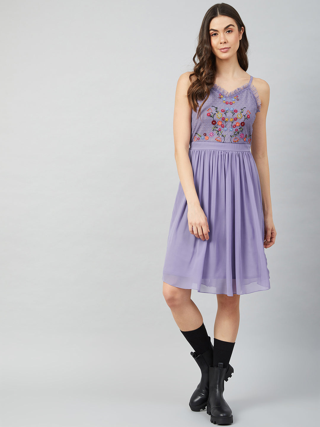 Athena Women Purple Floral Embroidered Georgette Midi Dress - Athena Lifestyle