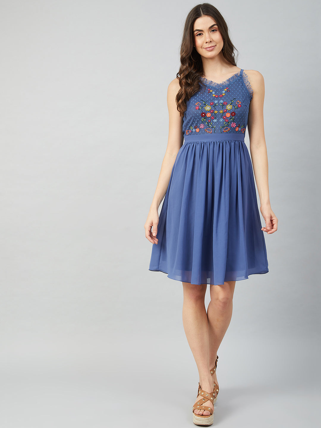 Athena Women Blue Floral Embroidered Shoulder Straps Georgette Fit and Flare Dress - Athena Lifestyle