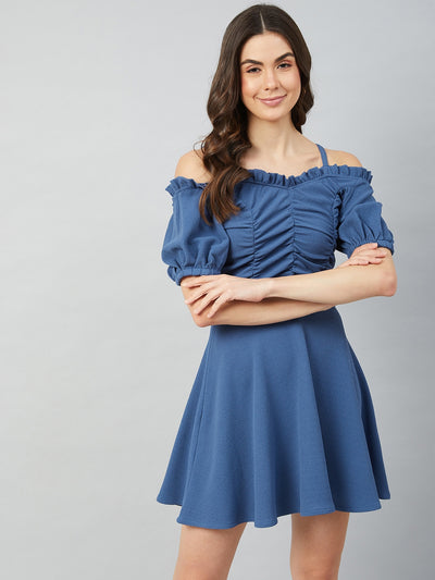 Athena Women Blue Off-Shoulder Ruched Dress - Athena Lifestyle