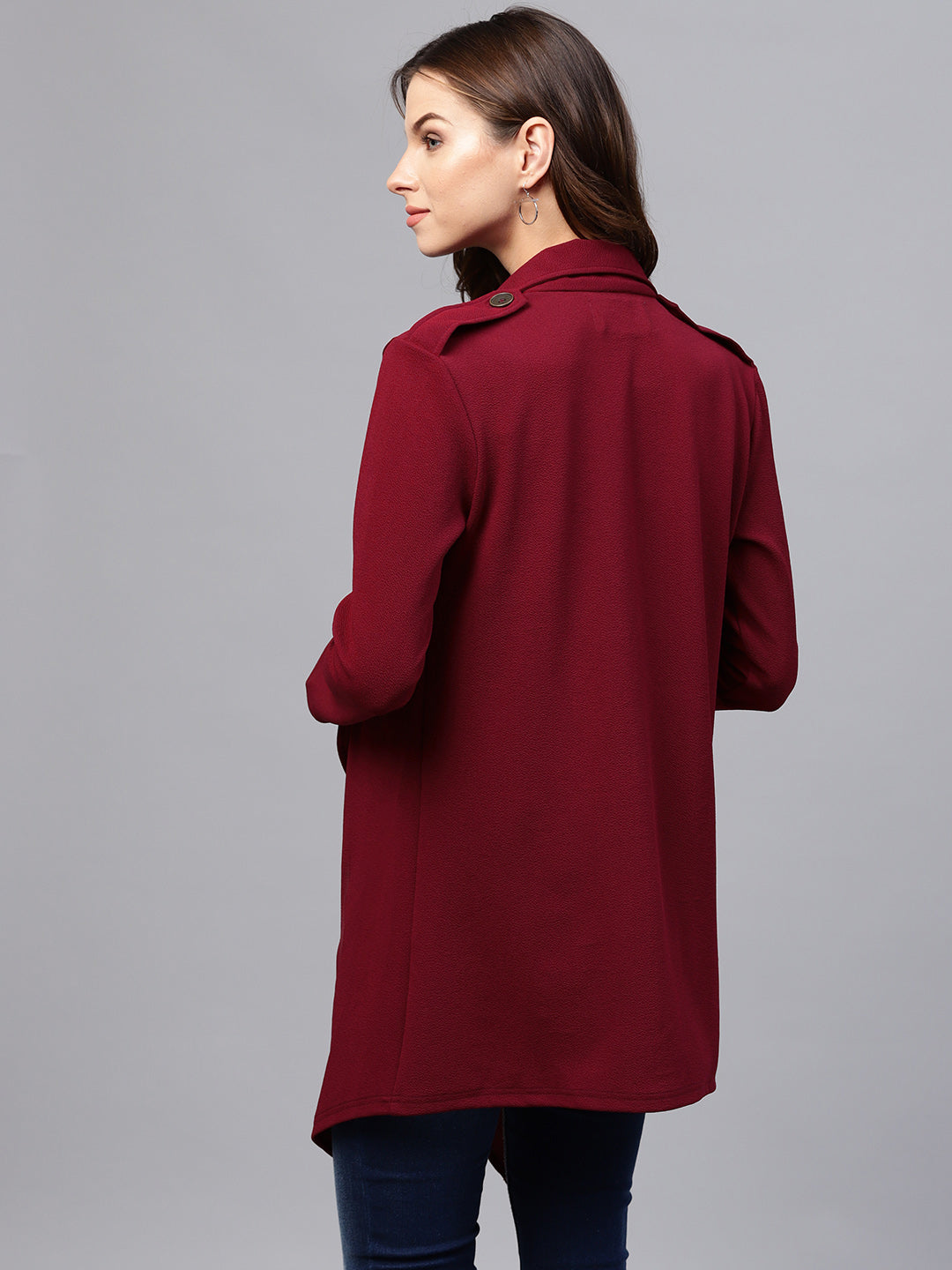 Athena Maroon Solid Longline Waterfall Front Open Long Sleeves