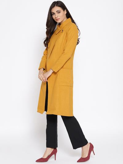 Athena Women Mustard Yellow Solid Woolen Long Sleeve Overcoat - Athena Lifestyle