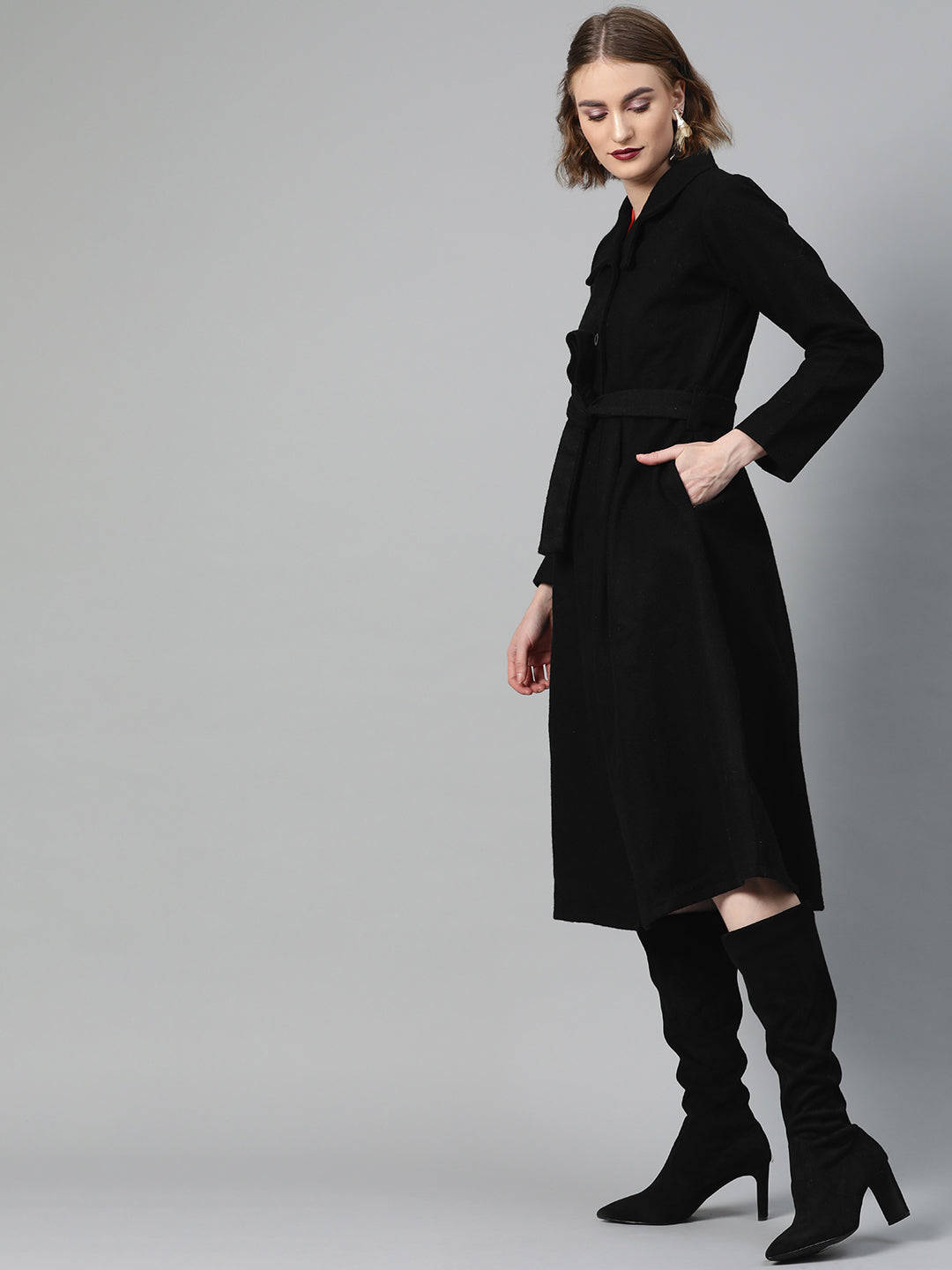 Athena Women Black Solid Overcoat - Athena Lifestyle