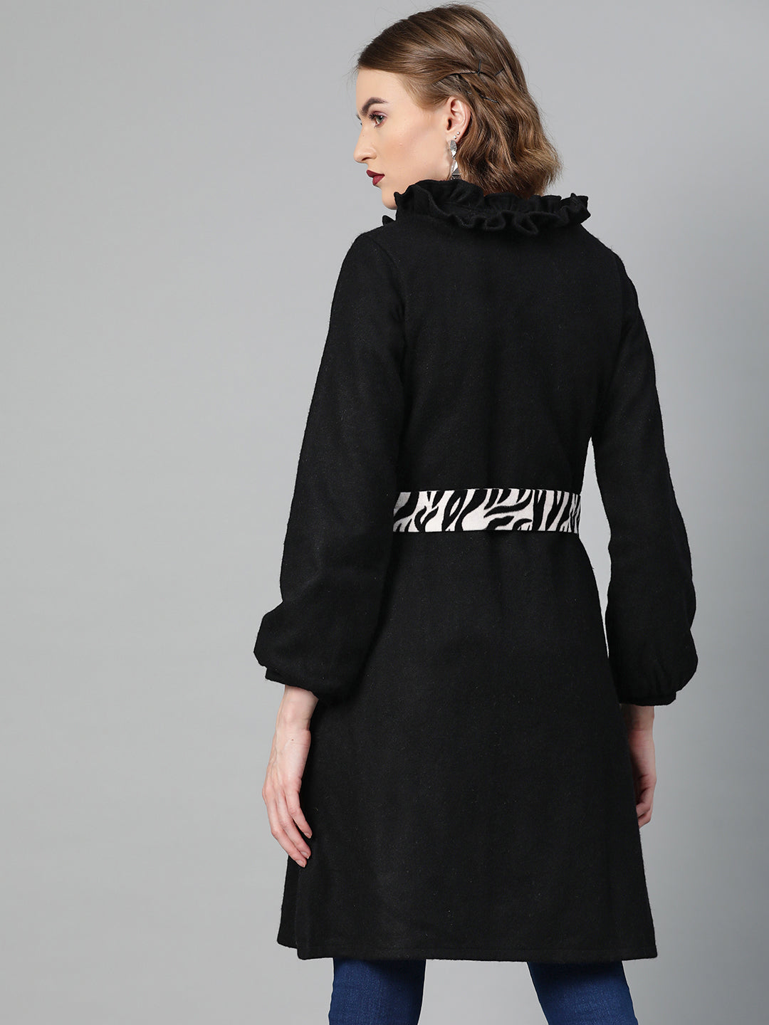 Athena Women Black Solid Woollen Longline Overcoat - Athena Lifestyle