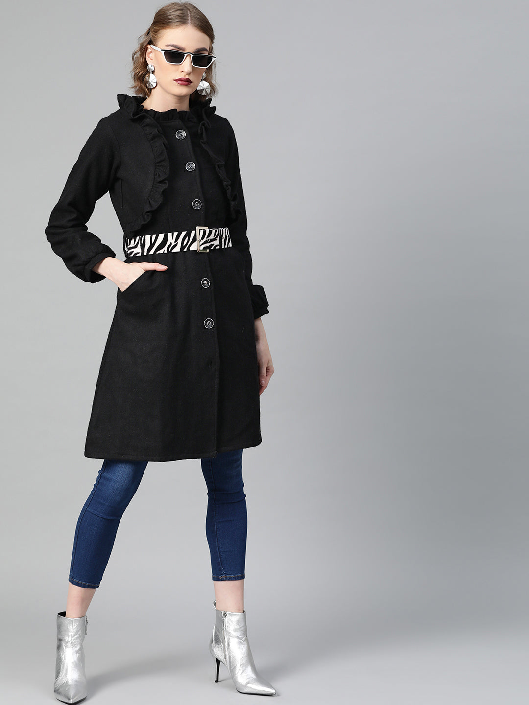 Athena Women Black Solid Woollen Longline Overcoat - Athena Lifestyle