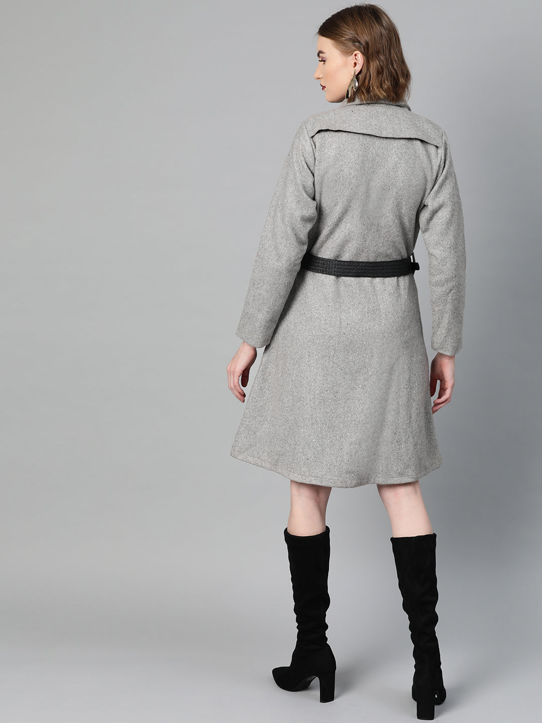 Athena Women Grey Melange Solid Trench Coat - Athena Lifestyle