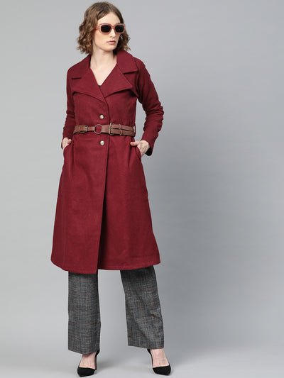 Athena Women Maroon Woollen Solid Overcoat - Athena Lifestyle