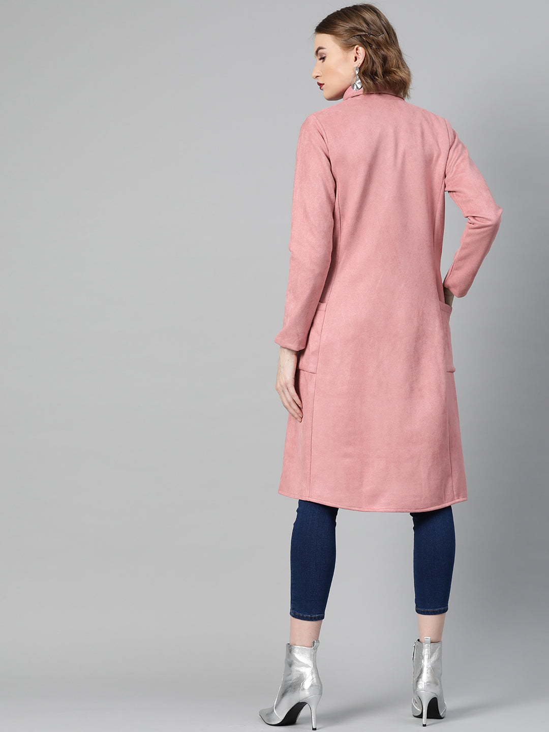 Athena Women Dusty Pink Suede Finish Solid Overcoat - Athena Lifestyle