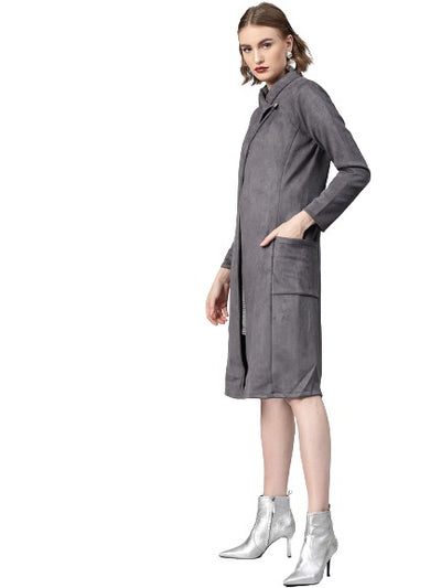 Athena Women Grey Suede Finish Solid Overcoat - Athena Lifestyle