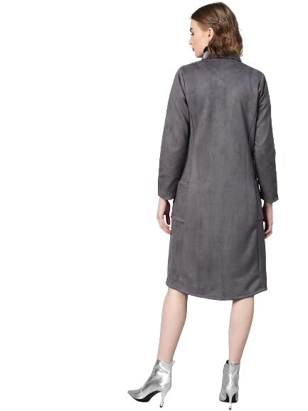 Athena Women Grey Suede Finish Solid Overcoat - Athena Lifestyle
