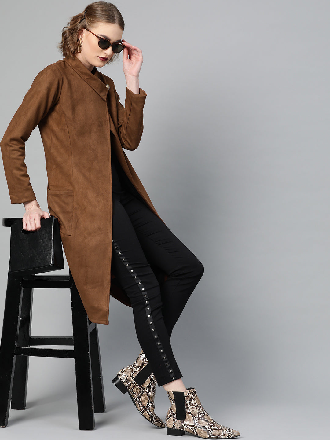 Athena Women Brown Suede Finish Solid Overcoat - Athena Lifestyle