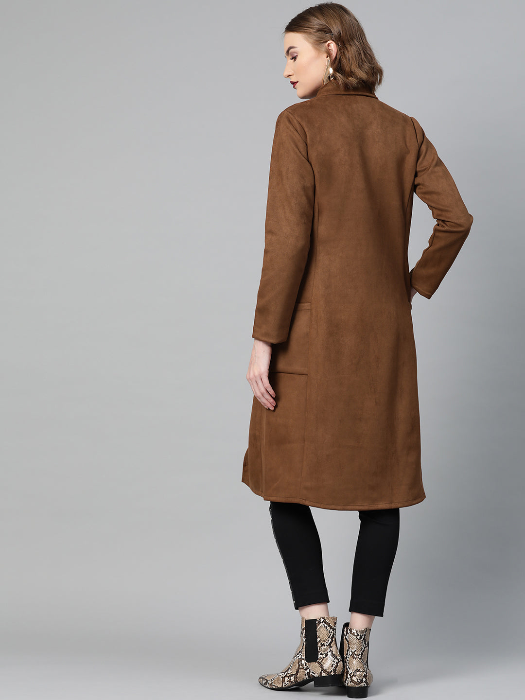 Athena Women Brown Suede Finish Solid Overcoat - Athena Lifestyle