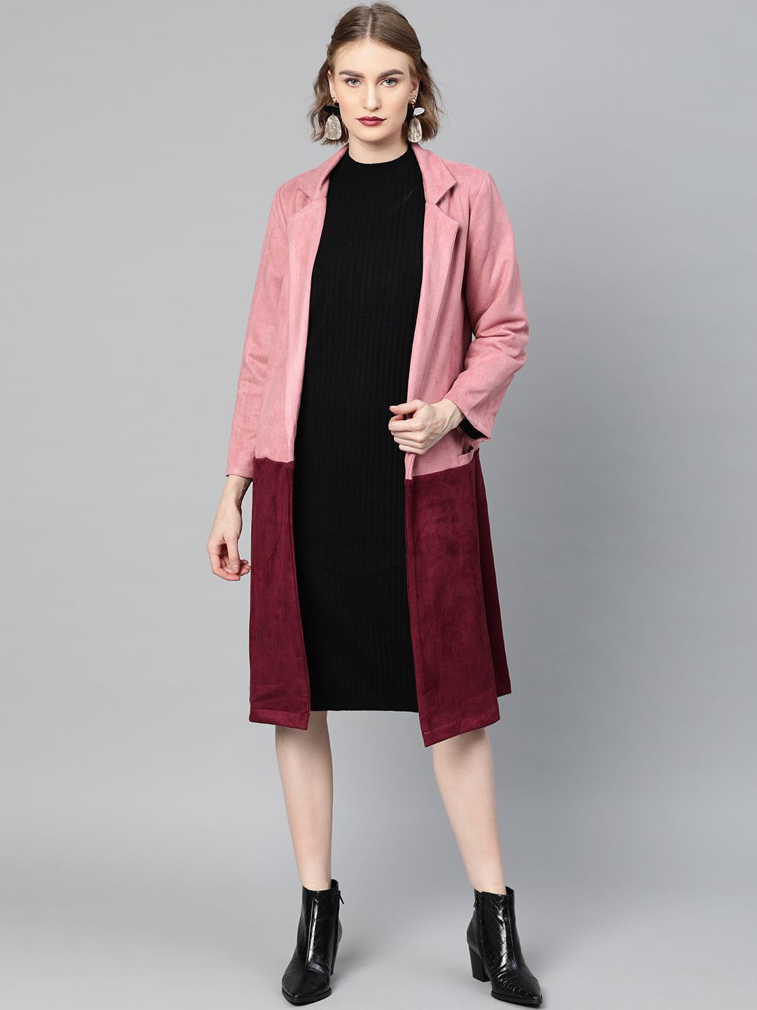 Athena Women Rose & Burgundy Suede Finish Colourblocked Overcoat - Athena Lifestyle