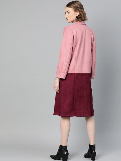Athena Women Rose & Burgundy Suede Finish Colourblocked Overcoat - Athena Lifestyle