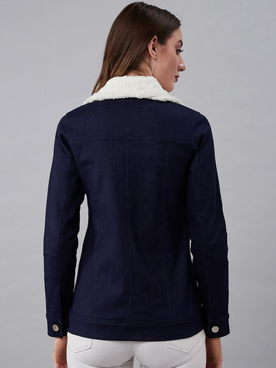 Athena Women Navy Blue Solid Denim Jacket - Athena Lifestyle