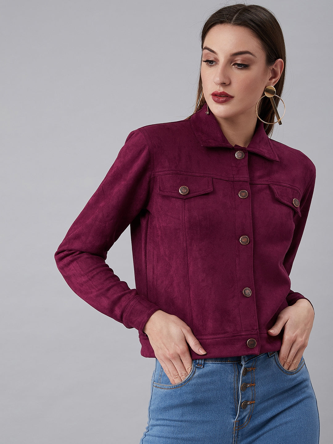 Athena Women Burgundy Solid Tailored Suede Jacket - Athena Lifestyle