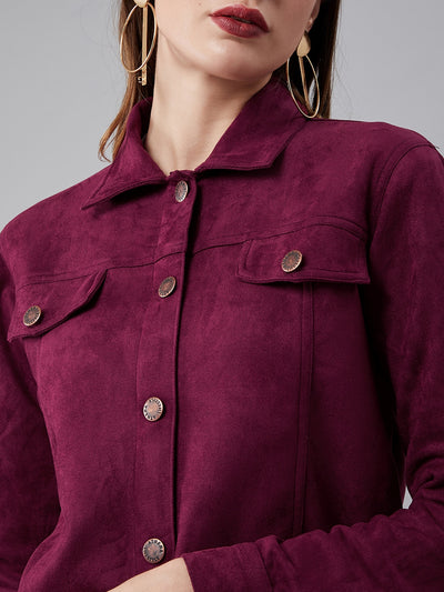 Athena Women Burgundy Solid Tailored Suede Jacket - Athena Lifestyle