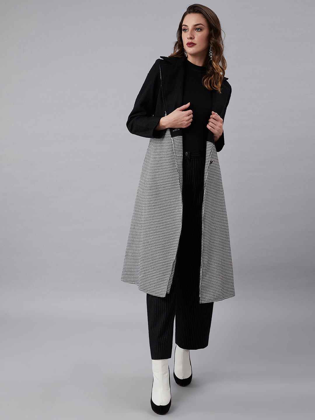 Athena Women Black & White Houndstooth Patterned Longline Wool Overcoat - Athena Lifestyle