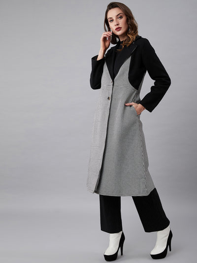 Athena Women Black & White Houndstooth Patterned Longline Wool Overcoat - Athena Lifestyle