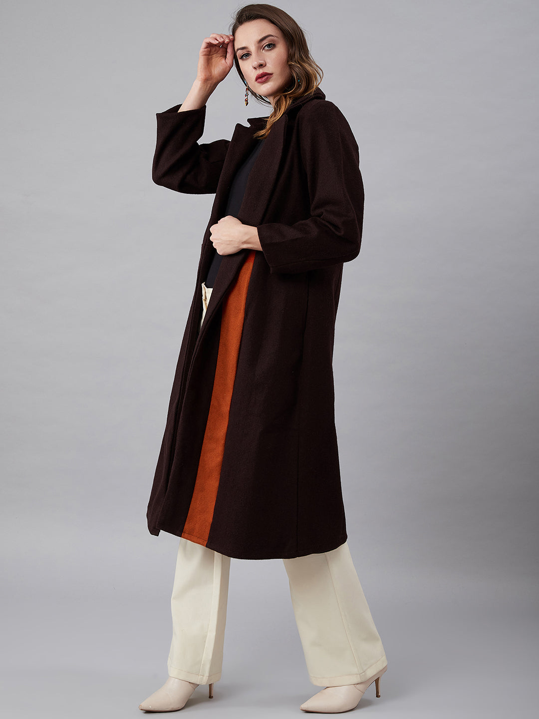 Athena Women Brown & Rust Orange Solid Longline Front-Open Wool Overcoat - Athena Lifestyle