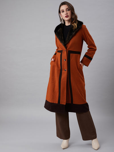 Athena Women Rust Orange & Brown Knee-Length Faux Fur Trimmed Woolen Overcoat - Athena Lifestyle