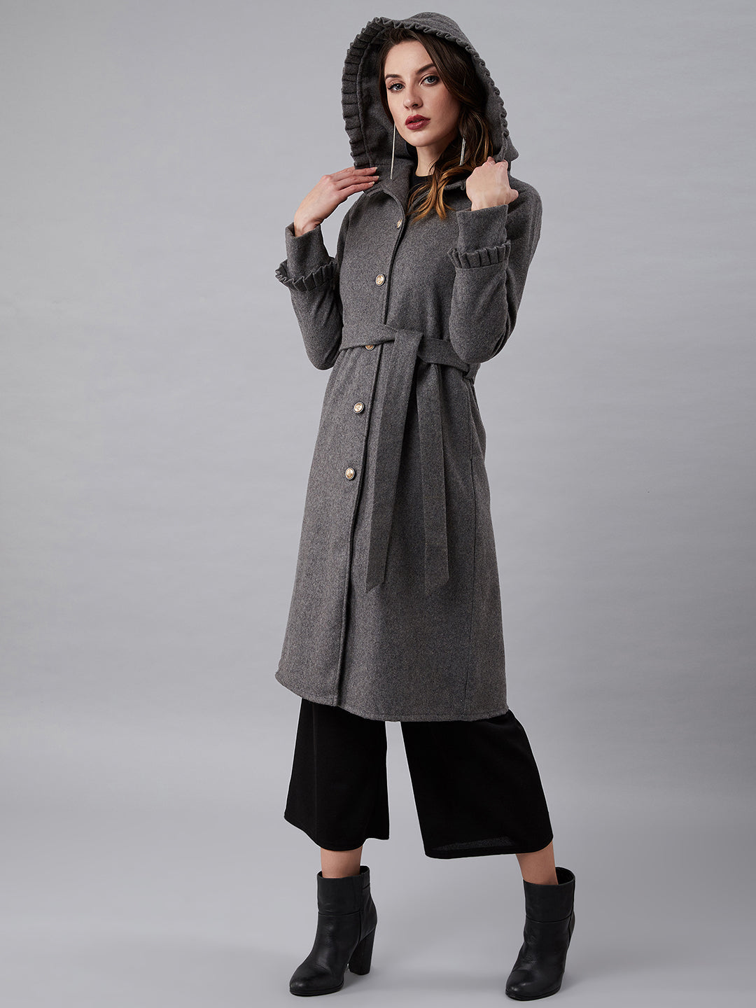 Athena Women Grey Solid Knee-Length Hooded Overcoat - Athena Lifestyle