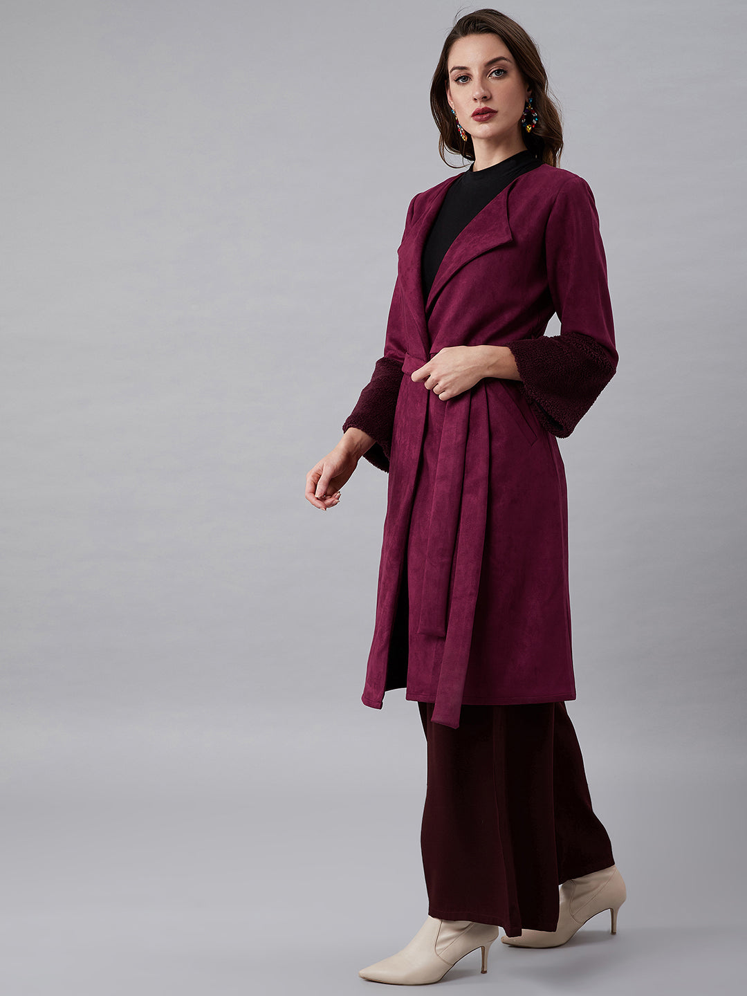 Athena Women Magenta Solid Suede Knee-Length Faux Fur Trim Wrap Coat - Athena Lifestyle