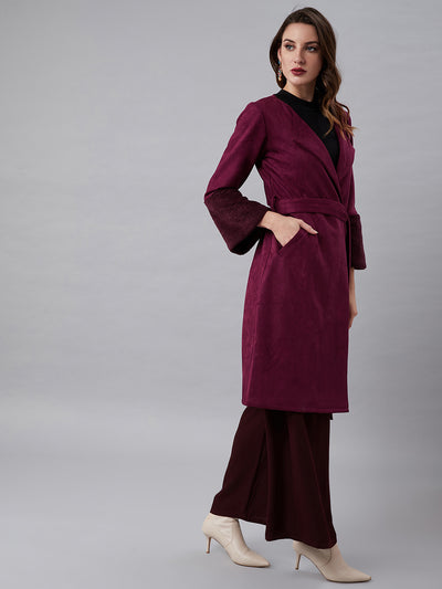 Athena Women Magenta Solid Suede Knee-Length Faux Fur Trim Wrap Coat - Athena Lifestyle