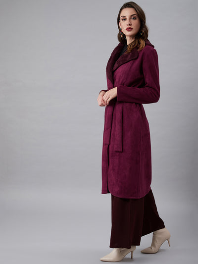 Athena Women Magenta Solid Longline Faux Fur Trim Suede Wrap Coat - Athena Lifestyle