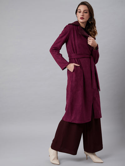 Athena Women Magenta Solid Longline Faux Fur Trim Suede Wrap Coat - Athena Lifestyle
