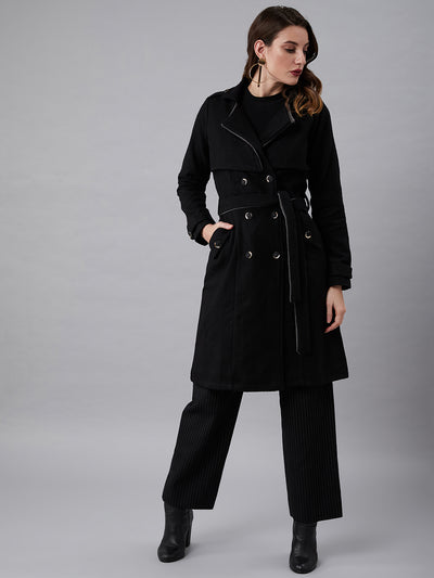 Athena Women Black Solid Knee-Length Double-Breasted Wool Trench Coat - Athena Lifestyle